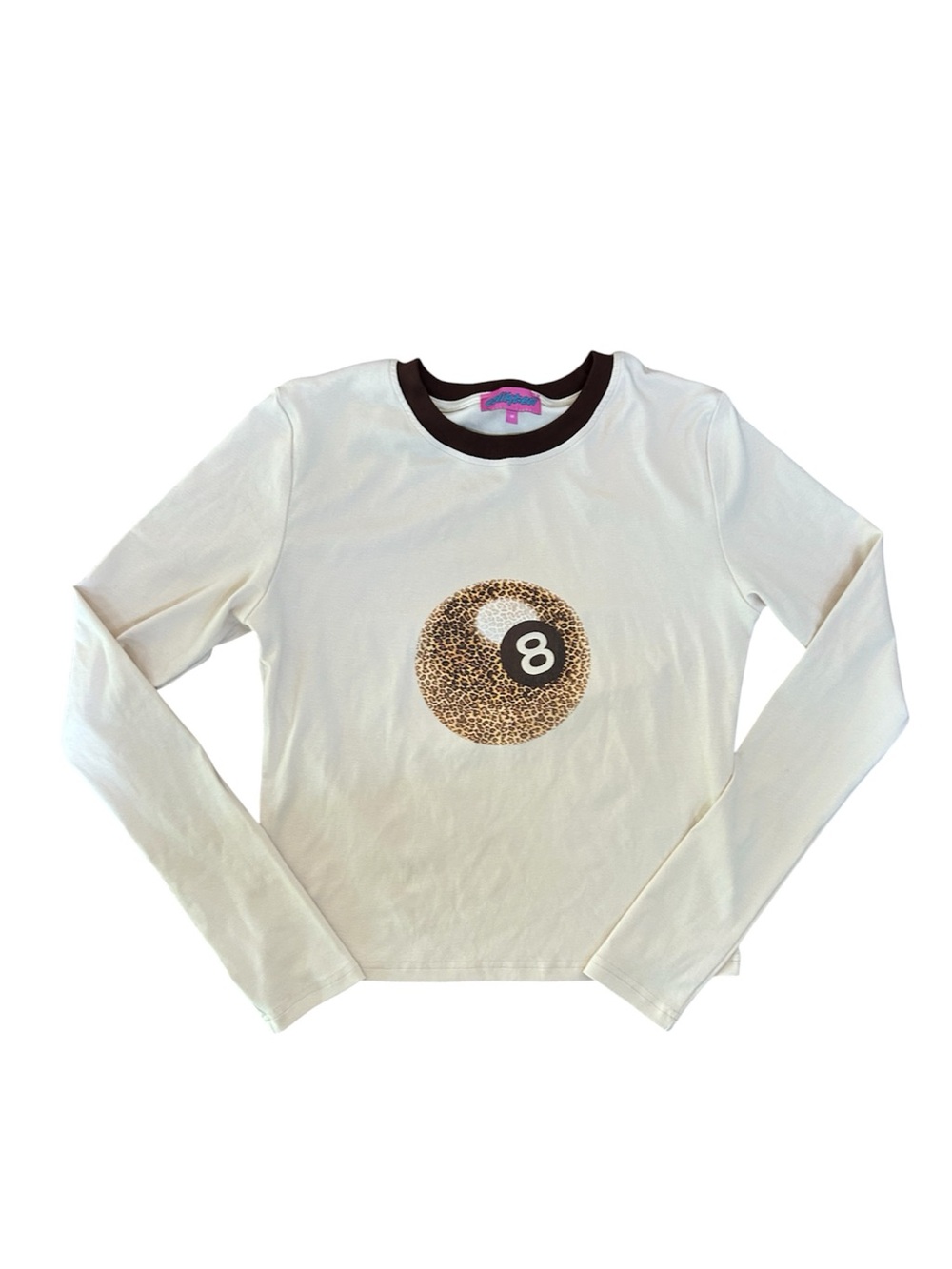 Edikted Cream Long Sleeve Tee with Leopard 8-Ball Graphic and Brown Trim